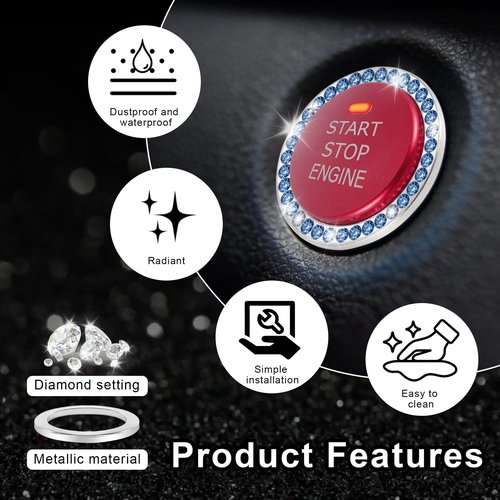 LivTee 2 PCS Crystal Rhinestone Car Engine Start Stop Decoration Ring, Bling Car Interior Accessories for Women, Push to Start Button Cover Sticker, Automotive Decals, Blue