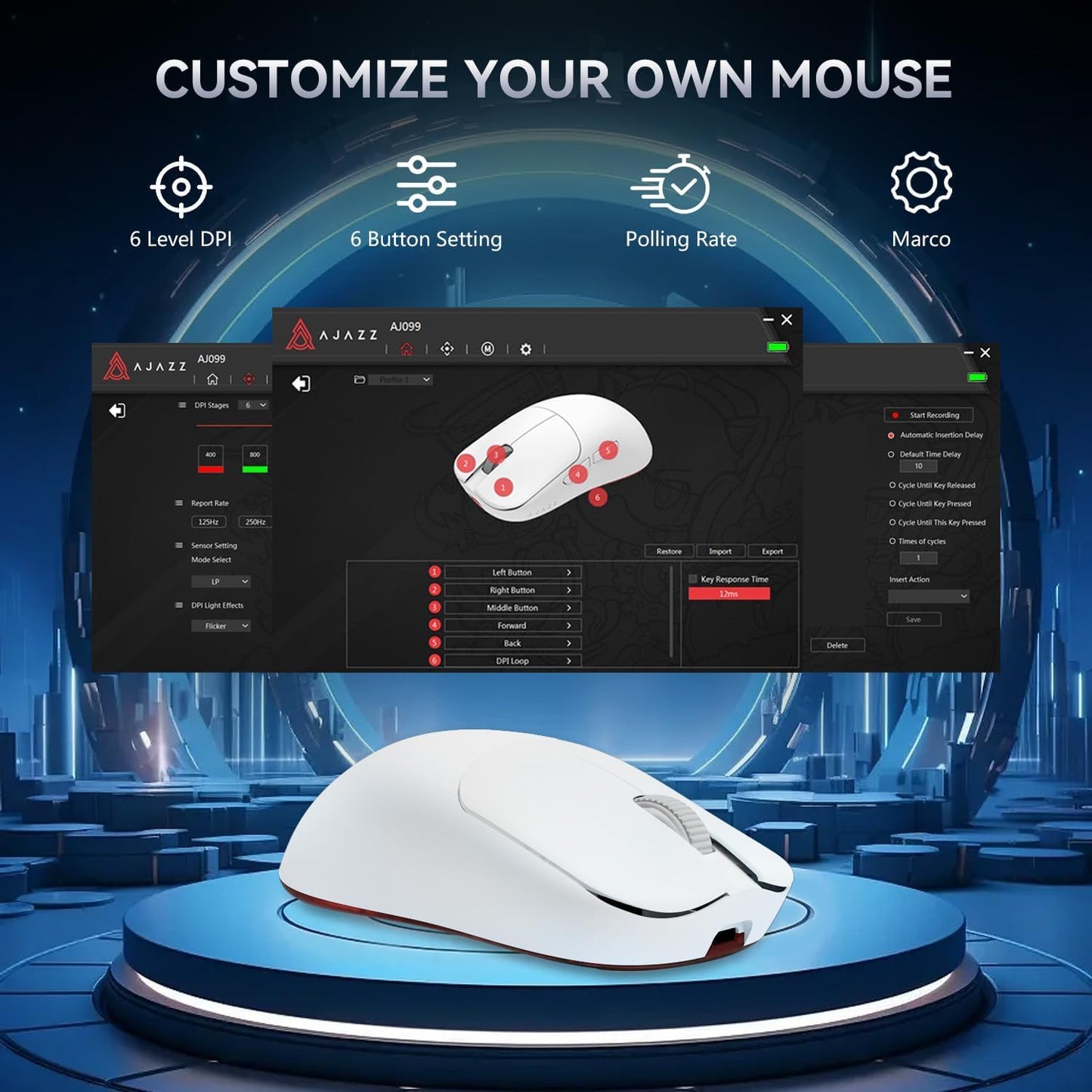 Ajazz AJ099 Superlight Wireless Gaming Mouse, Ergonomic 54g Ultra Lightweight 2.4Ghz/Wired Computer Mouse, PAW3311 12000 DPI Optical Sensor, 200Hrs Battery Programmable Buttons for Win/MAC PC Gamers