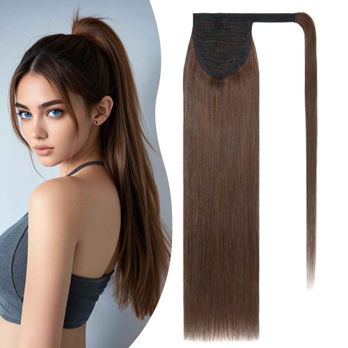 S-noilite Wrap Around Ponytail Extension Human Hair #4 Medium Brown Ponytail Extensions Real Remy Hair 22inch Long Straight Clip in Human Hair Ponytail 95Grams