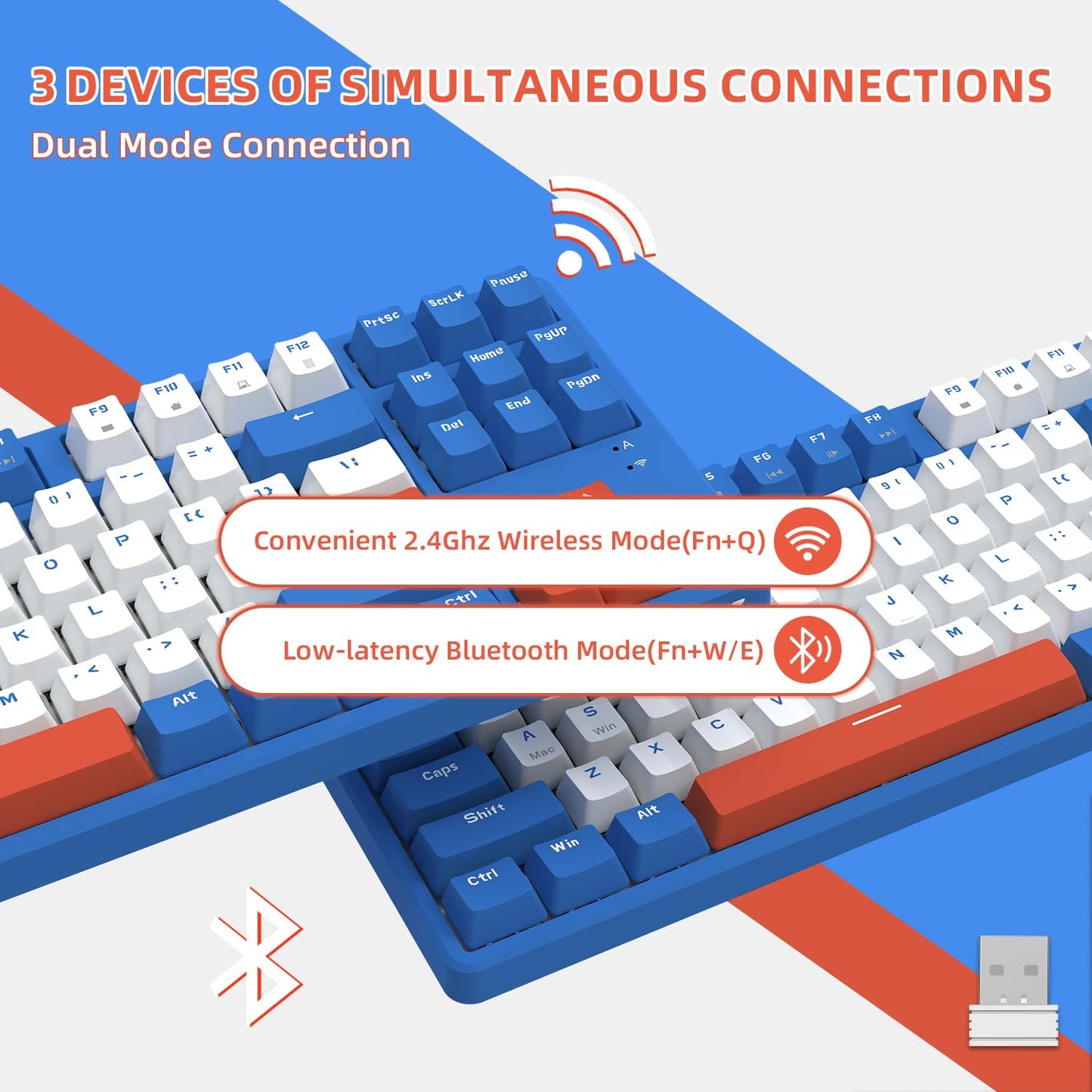 A.JAZZ Wireless Mechanical Keyboard, 87 Keys TKL Hot Swappable Bluetooth Gaming Keyboard, Dual Mode BT5.0/2.4G with Detachable Frame, USB Hub OEM Keycaps Custom Keyboard for PC MAC PS4(Red Switch)