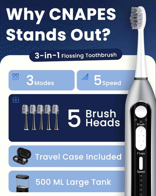 Electric Toothbrush with Water Flosser Combo in One - Sonic Flossing Toothbrushes for Teeth Cleaning, Rechargeable,Portable Cordless Water Flosser for Adults, 17oz Large Tank, 3 Modes & 5 Brush Heads