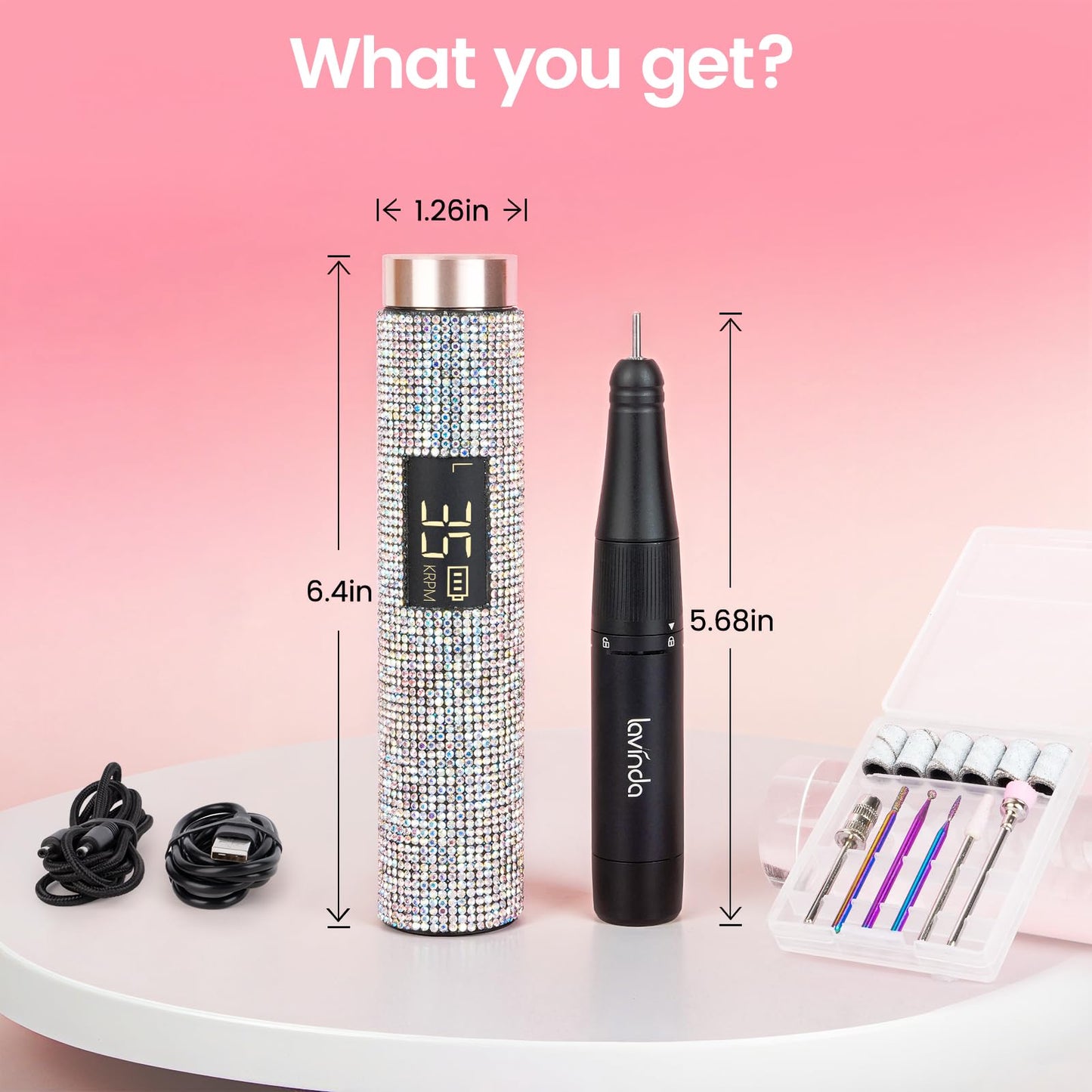 Lavinda Diamond Electric Nail Drill, Professional Rechargeable 35000RPM Electric Nail File Cordless Portable Nail Drill with Coreless Motor for Acrylic Nails (AB Rhinestone)