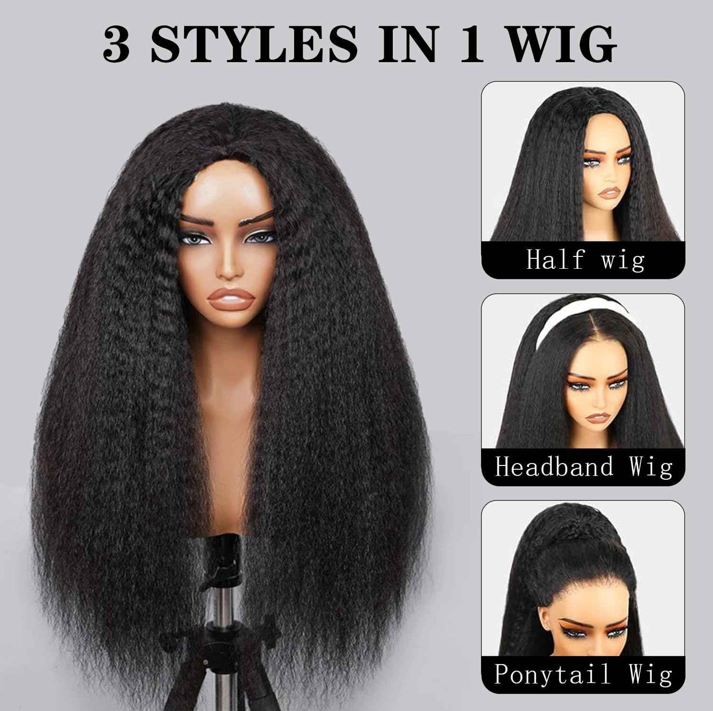 200 Density Kinky Straight Half Wig Human Hair 18 Inch,Yaki Straight 3 In 1 Seamless Flip Over Half Wigs Human Hair Glueless Wear Go Beginner Friendly Curly Half Wig Drawstring Headband Wig for Women