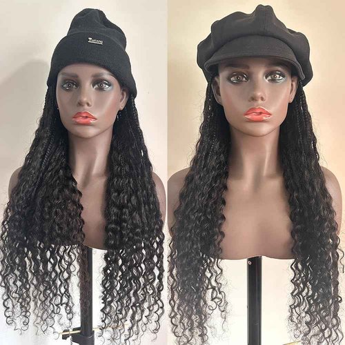 Boho Box Braids Band Wig with Human Hair Curly Ends Grab & Go Boho Band Braids Hair Extensions Goddess Boho Briaded Hat Wigs without Cap 18inch Natural Black