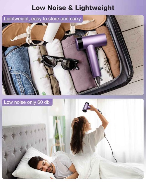 KNKA Hair Dryer, 1500W High Speed Blow Dryer with 4 Temps & 3 Speeds, Fast-Drying Negative Ionic Hair Dryer for Women, 110,000 RPM Hairdryer Low Noise with Nozzle for Home Travel Salon, Purple