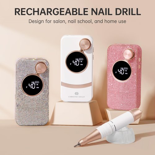 CHRISTINE SHELLY Electric Nail Drill,40000RPM Cordless Nail File Diamond with 12 Drill Bits for Acrylic Nails Gel Polishing,E File Nail Kit Machine for Manicure Salon Home (Pink Diamond)