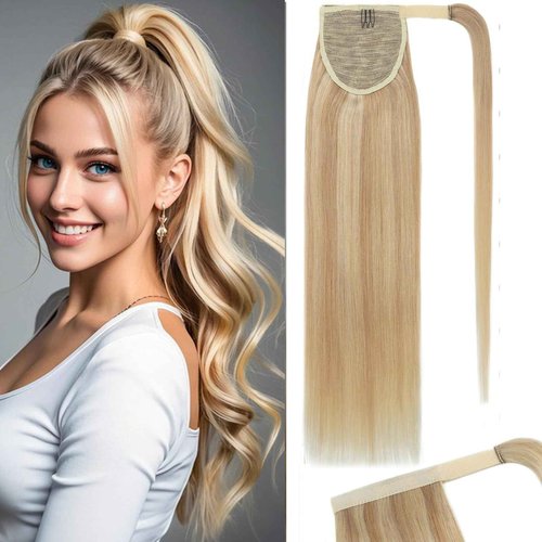 Rich Choices Ponytail Extension 100% Real Human Hair Wrap Around Remy Ponytail Extension for Women Clip In Long Pony tail Extensions Straight 22 Inch #18P613 Ash Blonde Highlighted Bleach Blonde