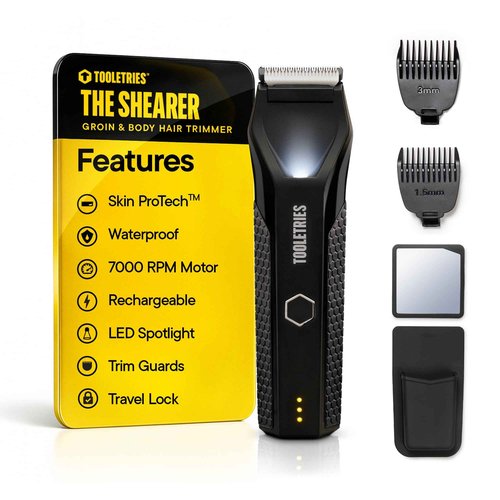 TOOLETRIES The Shearer - Groin & Body Hair Trimmer for Men, Electric Shaver for Pubic Hair, Balls, Groin, Chest, Legs, Waterproof Wet/Dry Clippers, Rechargeable, Bonus Shower Kit