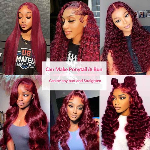 KOCOPOM 24inch Burgundy Lace Front Wigs Human Hair 13x6 Body Wave HD Lace Frontal Wigs Pre Plucked 180% Density Glueless Wigs Red Wig Wine Red for Women with Baby Hair