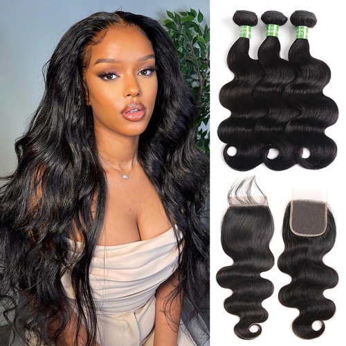 beauty youth Brazilian Hair Body Wave Human Hair Bundles With Closure(14 16 18 + 12) Body Wave Lace Closure with Bundles Unprocessed Body Wave Human Hair Extensions Weave with Closure Natural Color