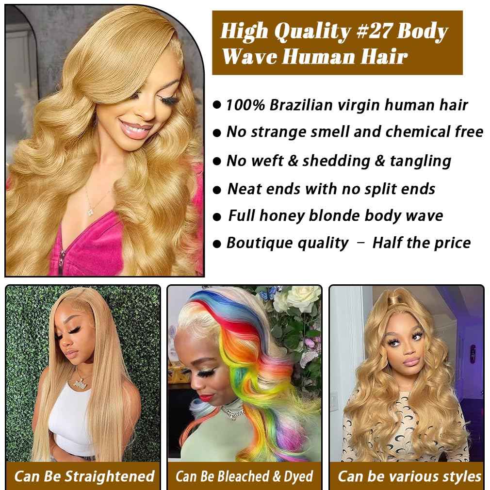 Honey Blonde Body Wave Bundles Human Hair 12A Raw Hair NO.1 Color 27 Bundles Human Hair 14 16 18 20 Inch 100% Unprocessed Brazilian Virgin Hair for Black Women