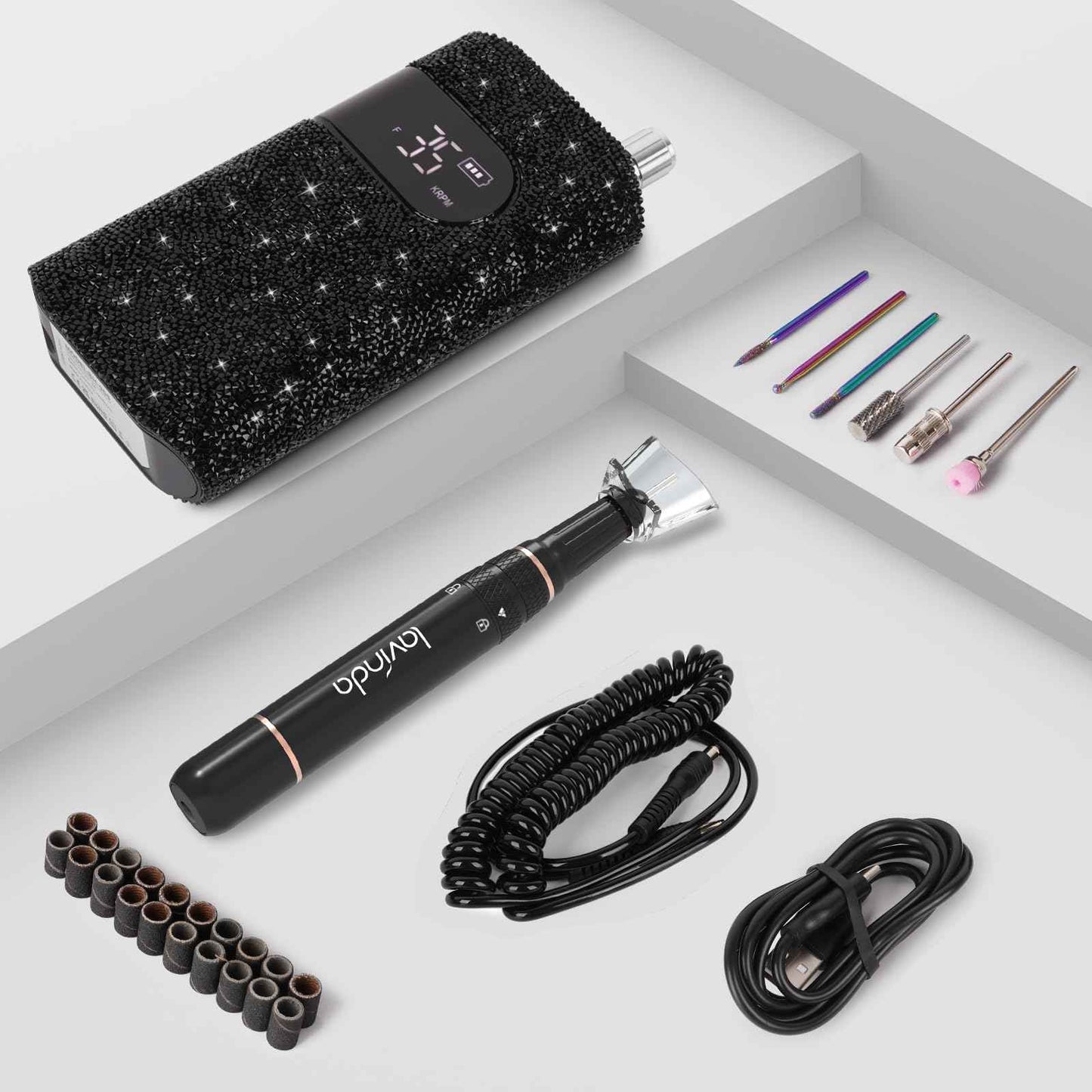 Lavinda Professional Electric Nail Drill Kit, 35000RPM Cordless Portable Machine for Acrylic Gel Nails, Rechargeable E File With Black Rhinestones, Manicure Tools (Black)
