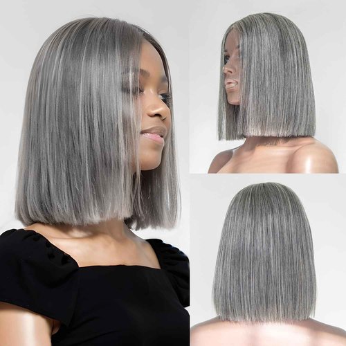Topnormantic Salt and Pepper Wigs for Women, Wigs Human Hair Glueless Wear and Go Pre Plucked Pre Cut 5x5 Grey Bob Wigs Human Hair 210% Density 12A Brazilian Virgin Hair Lace Front Closure Wig 10 Inch
