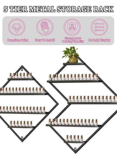 EBANKU Metal Wall Mounted Nail Polish Storage Racks, Black Display Rack Cosmetic Display Case Lipstick Wall Shelf Essential Oil Organizer for Bottles Spa Nail Salon (Irregular Rhomboid)