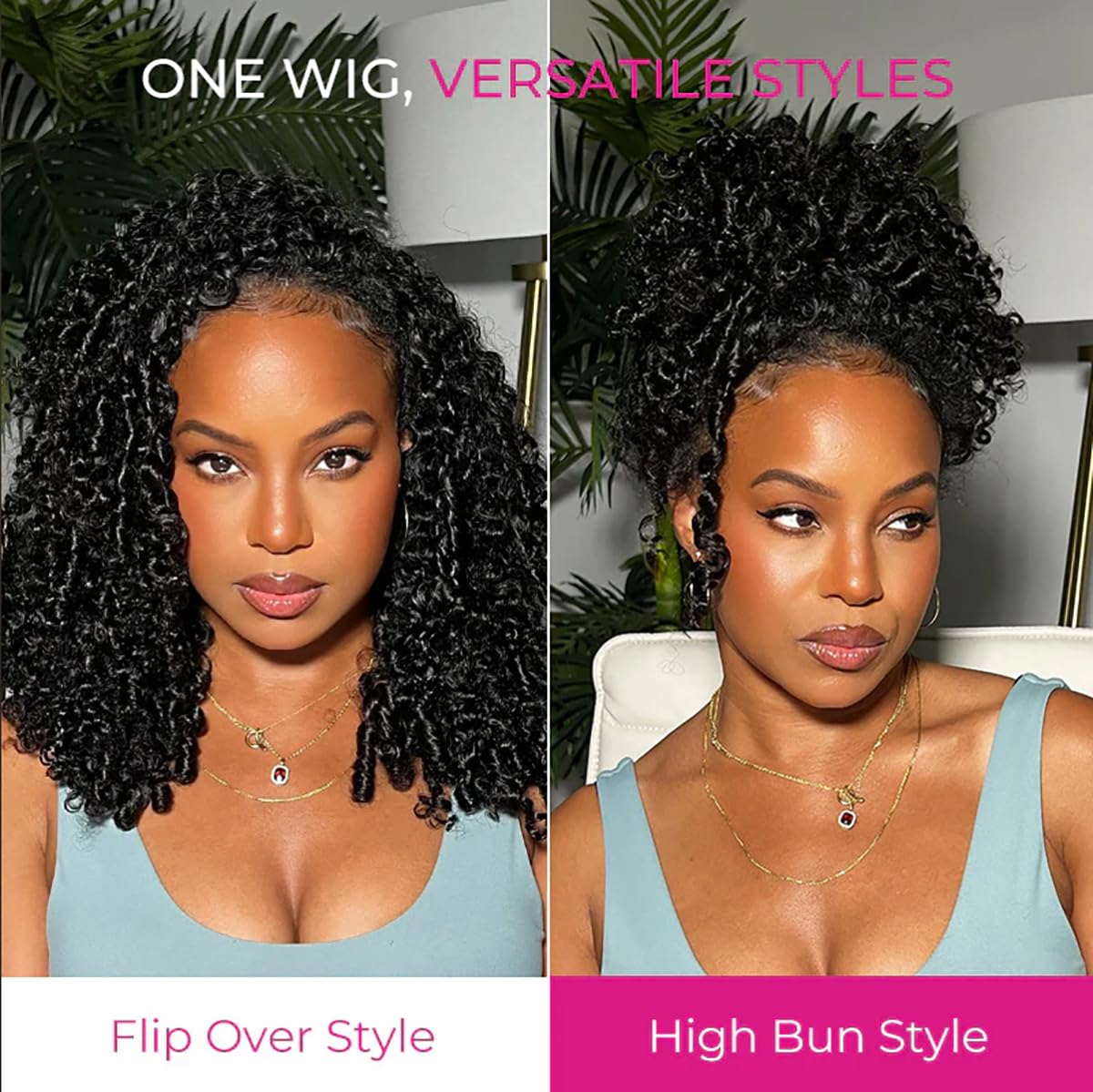 Half Wig Human Hair 3 In 1 Special Curly Half Wigs for Black Women 200% Density Wear and Go Glueless Wig Drawstring Ponytail Seamless Flip Over No Lace Headband Wig Beginner Friendly 16 Inch