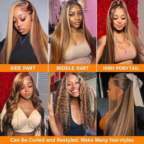 Arsola Ombre Highlight Lace Front Wigs Human Hair 180% Density 13x6 HD Transparent Pre Plucked Straight Lace Front Wigs Human Hair 20 Inch Glueless #4/27 Colored Honey Blonde Wig for Women