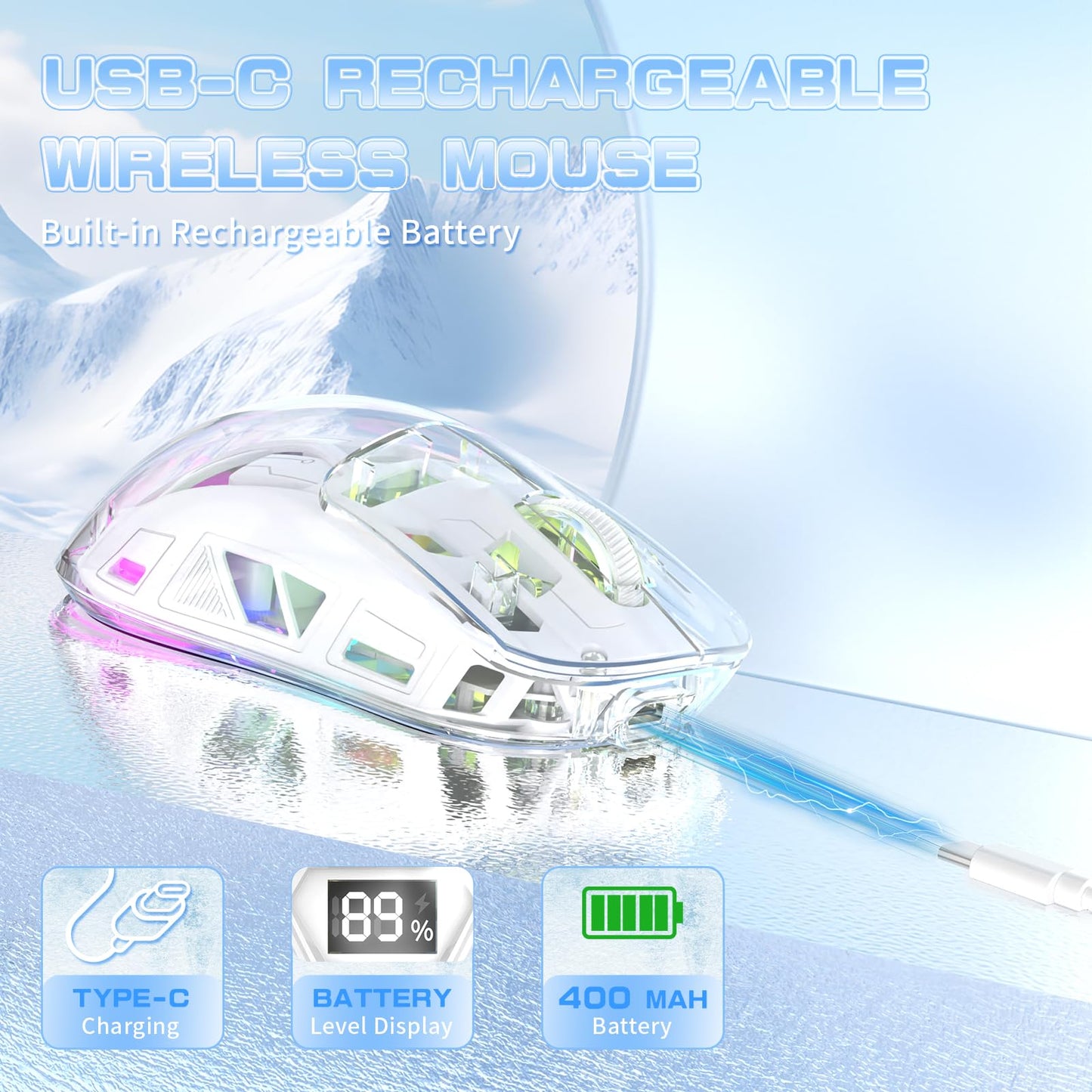 ZIYOU LANG A2 Transparent Wireless Gaming Mouse with Battery Level Display,Bluetooth/2.4G Wireless PC Mice,3D RGB Backlit,5 Million Clicks,PixArt 3212,up to 4000 DPI for Win/MAC (White)