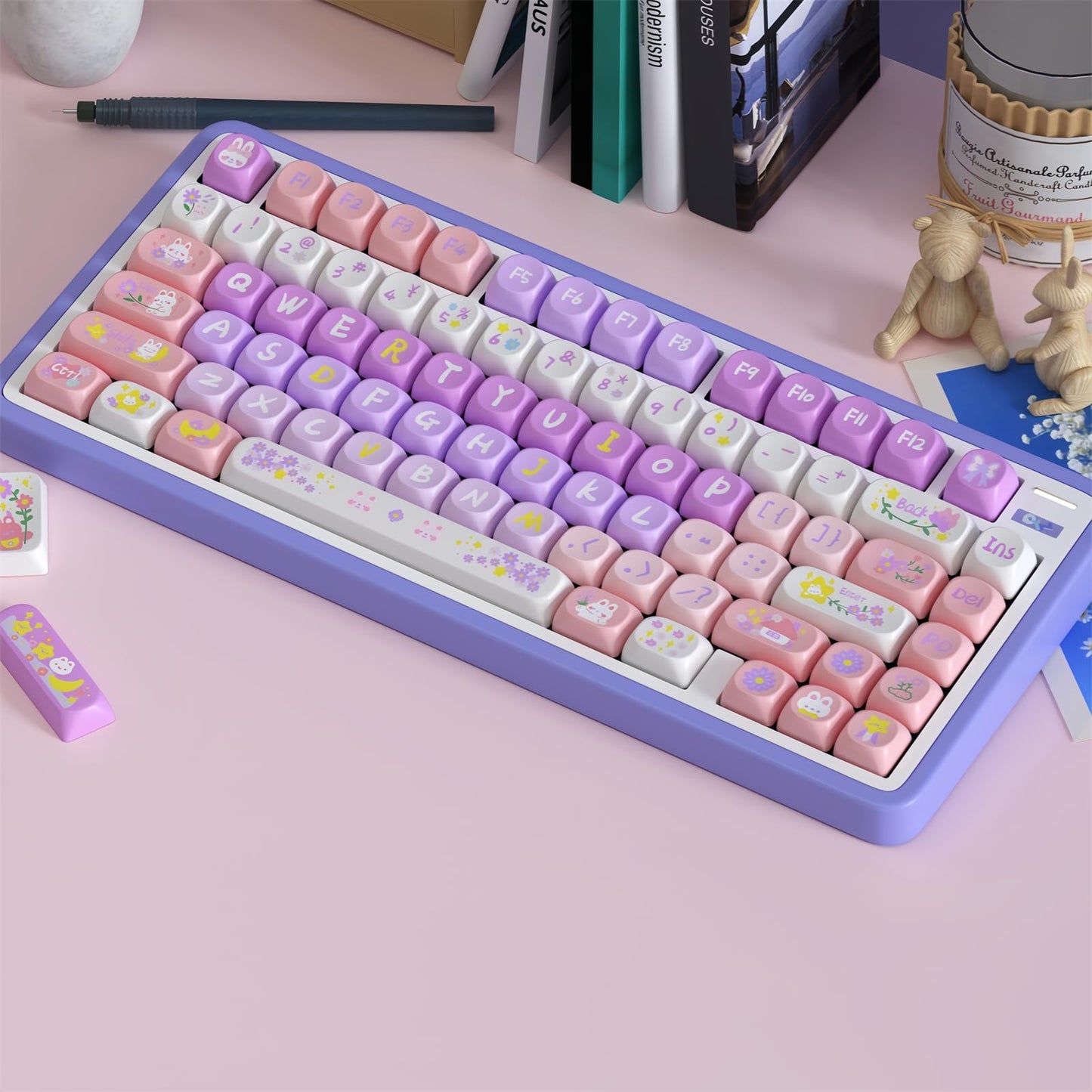 ZMX Cute PBT Keycaps,Kawaii Dye-Sub Custom Keycaps SOA Profile 136 Keys Full Size Keycap Set for 60% 65% TKL Cherry MX Switch ANSI Layout Mechanical Gaming Keyboard Creamy Keycaps (04)