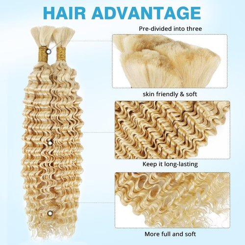 SOYI HAIR 613 Blonde Human Braiding Hair, Deep Water Wave, 100g, 22 Inch, Curly, Boho Braids, No Weft, 2 Braids Per Pack, Wet and Wavy