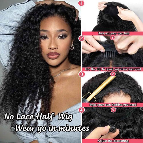 XSY Half Wig Human Hair Deep Wave 20 Inch Curly Half Wig 3 In 1 Drawstring Seamless Flip Over Glueless Wear and Go Half Wigs for Black Women Beginner Friendly 180% Density Natural Black