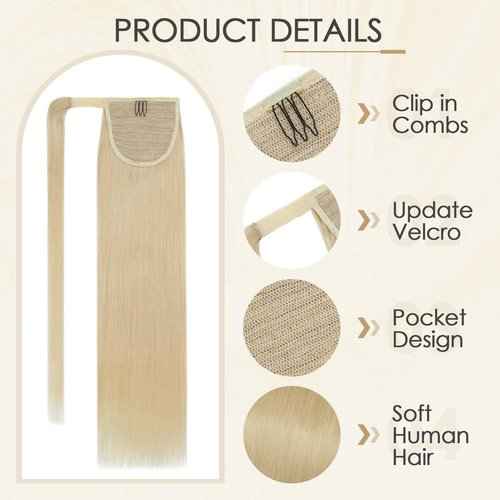 Benehair Ponytail Extension Wrap Around Ponytail Hair Extension with Magic Paste Human Hair Natural 14inch Long Straight One piece Hairpieces for Women Adding Volume Bleach Blonde #613