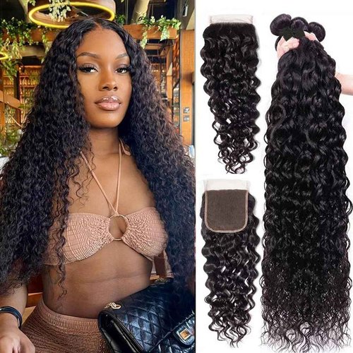 Taziza Human Hair Bundles with Closure Water Wave(16 18 20+14,Free Part) Brazilian Virgin Human Hair 3 Bundles and Closure Wet and Wavy Natural Color