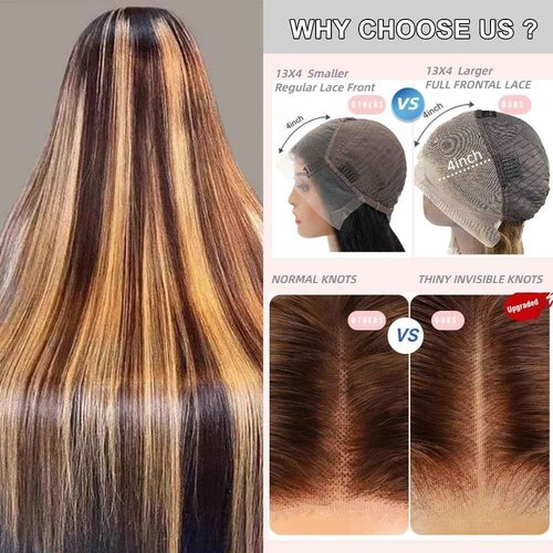 Kineko Highlight Lace Front Wig Human Hair Ombre 13x4 Straight Human Hair Highlight Honey Blonde HD Human Hair 24 Inch Full Frontal Glueless Wigs Human Hair Pre Plucked P427