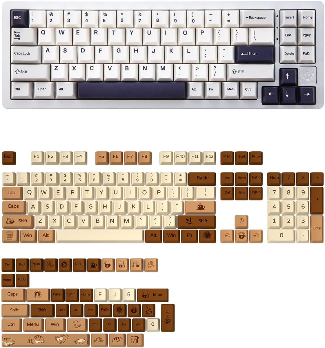 YUNZII AL71 68% Mechanical Keyboard (Siver, Crystal White Switch) and Full Keycap Set (Coffee Cat) Bundle