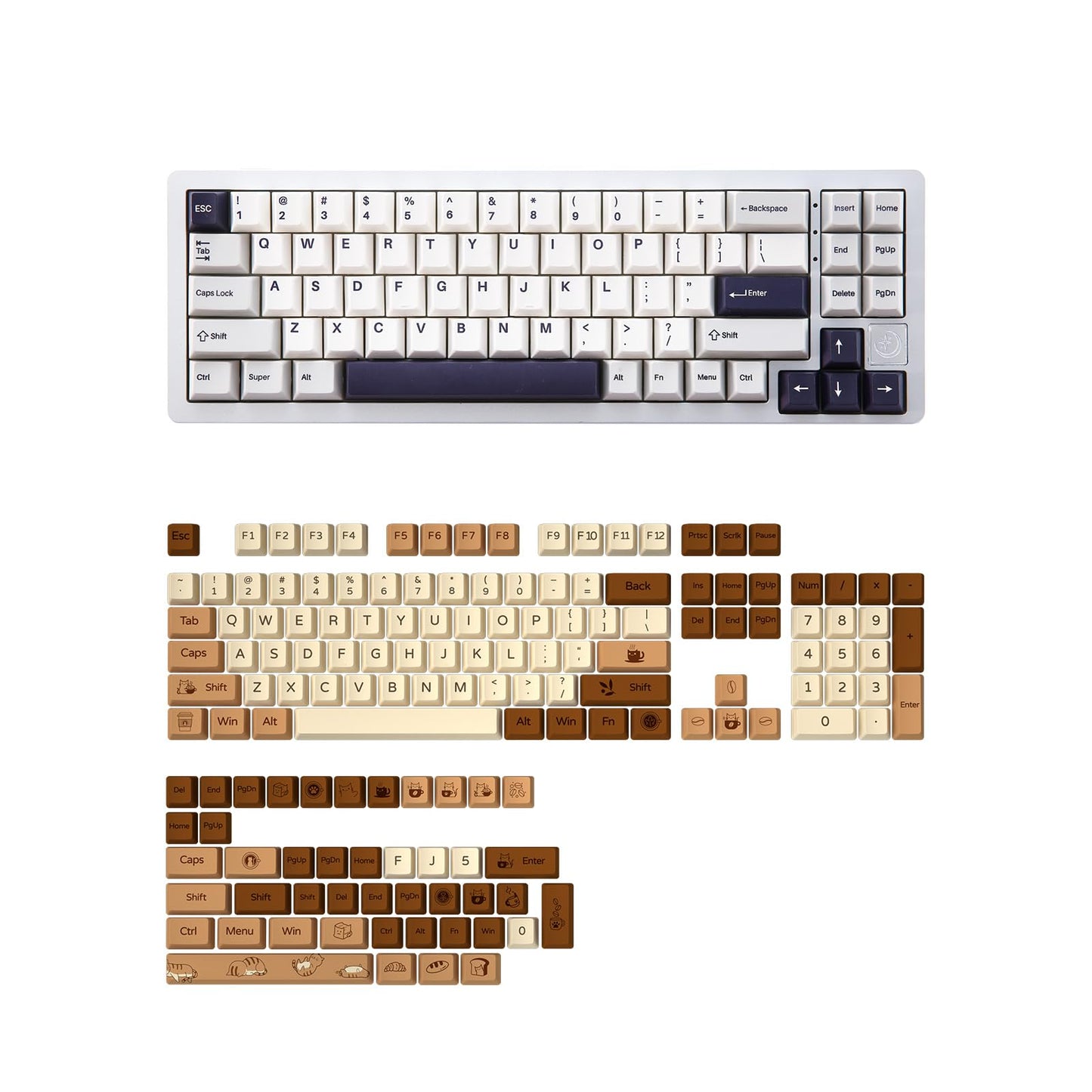 YUNZII AL71 68% Mechanical Keyboard (Siver, Crystal White Switch) and Full Keycap Set (Coffee Cat) Bundle