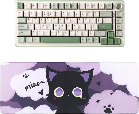YUNZII B75 PRO Wireless Mechanical Keyboard(Matcha Green, Cocoa Cream V2 Switch), Gaming Mouse Pad(Black cat, 31.49'' x 11.8'')