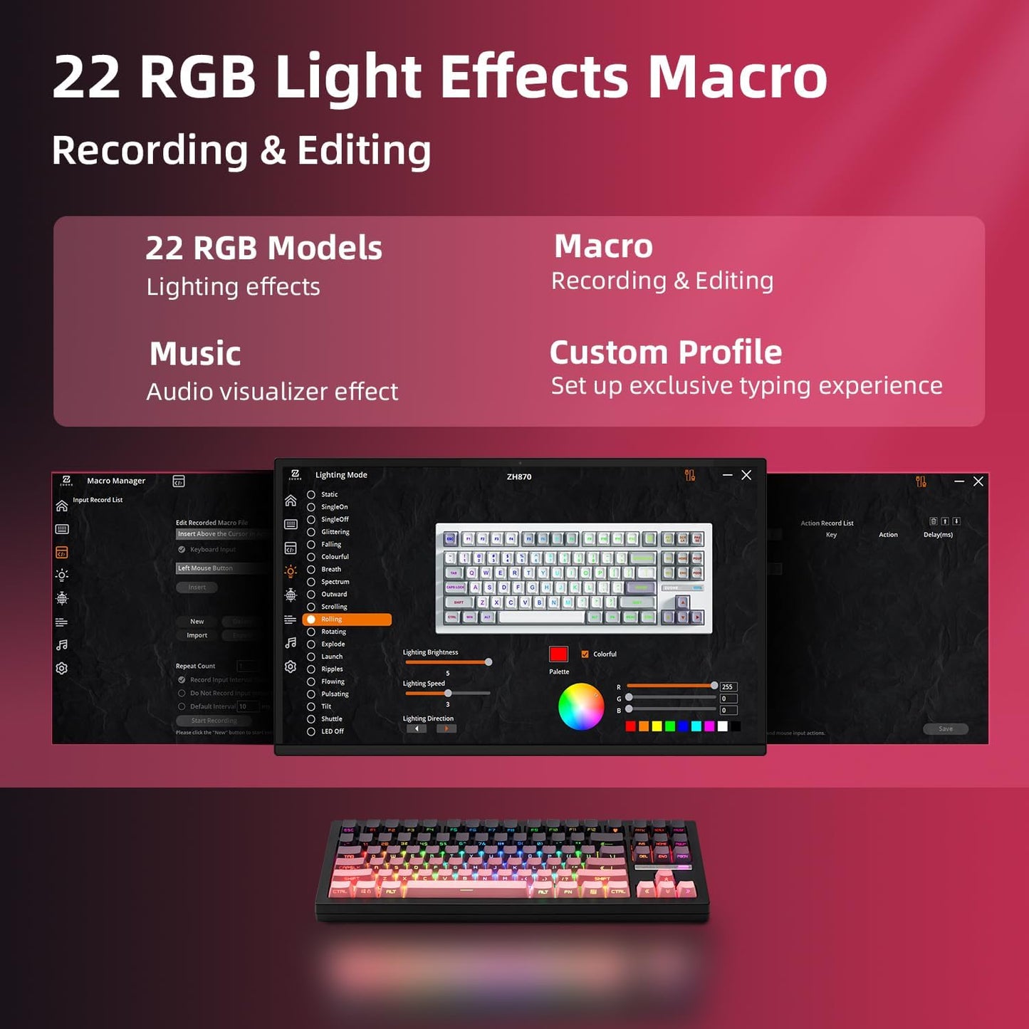 ZORNHER ZH870 Wireless Mechanical Gaming Keyboard,80% Pink & Purple Custom Creamy Sound Keyboard with Shine Through PBT Keycaps,Pre-lubed Linear Switches,Hot-Swappable,RGB Backlit,2.4GHz/USB-C/BT5.0