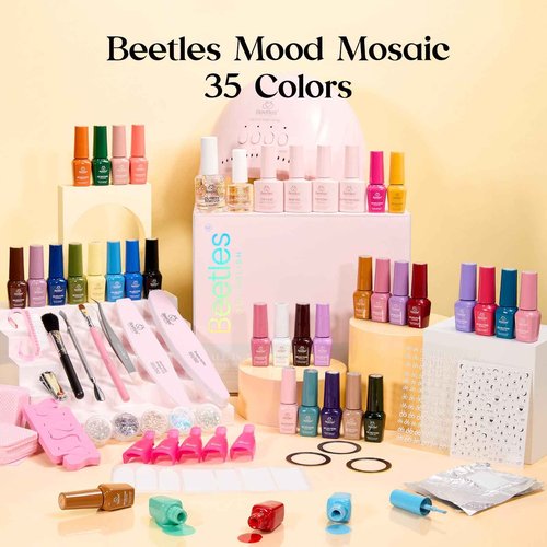 Beetles Gel Nail Polish Kit with U V Light - One Color One Bottle 35 Colors Mood Mosaic Collection Nail Polish Kit 68 Pcs Gifts for Women Girls with Top Base Coat Beauty Must Have DIY Salon Set