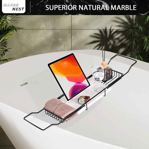 MARBBNEST Bathtub Tray Caddy for Luxury Bath Expandable Extra Wide Bath Tub Tray with Natural Marble Tray and Mobile/Tablet Stand, Ideal for Home Spa Lovers (Black + White)