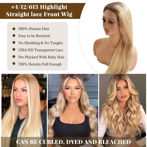 Belaved 20 Inch Highlight Blonde Lace Front Wigs Human Hair Ombre Medium Brown with Golden Blonde Real Human Hair Glueless 150% Density 13x4 Straight Lace Frontal