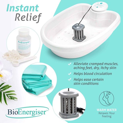 BioEnergizer Foot Spa Pro | Foot Bath Basin Machine for Cramped Muscles, Aching Feet, Stimulates Blood Flow, & Hydrates Skin | Comes w/Sea Salt & 30 Basin Liners (Foot Spa Pro)