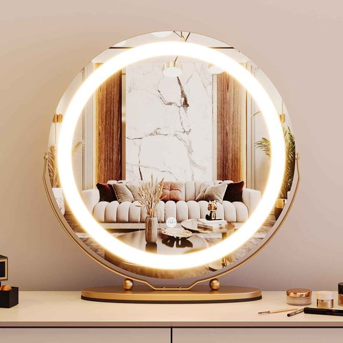 Garvee Vanity Mirror with LED Lights, Touch Control 3 Color Dimmable Makeup Mirror, 360° Rotation Large Round Tabletop Mirror, Easy to Assemble, Gold, 19 Inch