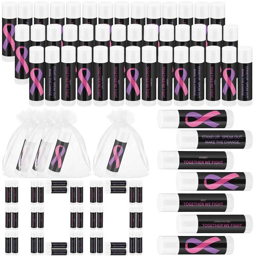 Fumete 100 Pcs Breast Cancer Awareness Lip Balm Bulk Pink Ribbon and Purple Ribbon Domestic Violence Awareness Moisturizer and Nourishing Lip Balm Gifts for Women Men Party Supplies, 4 Scents
