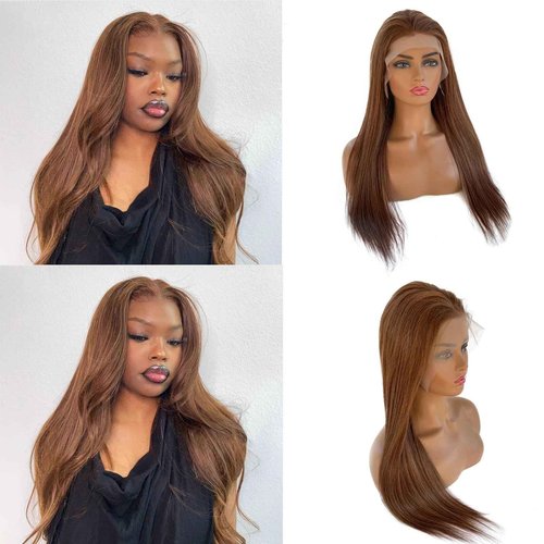 OiMiGO Highlight 13x6 Lace Front Human Hair Wig for Women,Ombre Straight Skilly Lace Frontal Wigs 10A Brazilian Hair,Pre Plucked with Natural Hairline colored Brown with Auburn Wigs #4T4/30(20Inch)