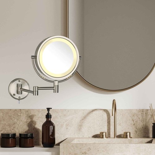 JERDON Wall-Mounted Makeup Mirror with LED Lighting - Lighted Makeup Mirror with 8X Magnification & Nickel Finish Wall Mount - Model HL75N