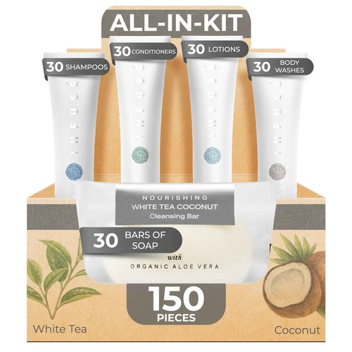 Infuse Pure White Tea and Coconut Hotel Soaps and Toiletries Bulk Set | 1-Shoppe All-In-Kit for Airbnb | 1oz Shampoo & Conditioner, Body Wash, Lotion & 1.25oz Bar Soap | Travel Size 150 Pieces