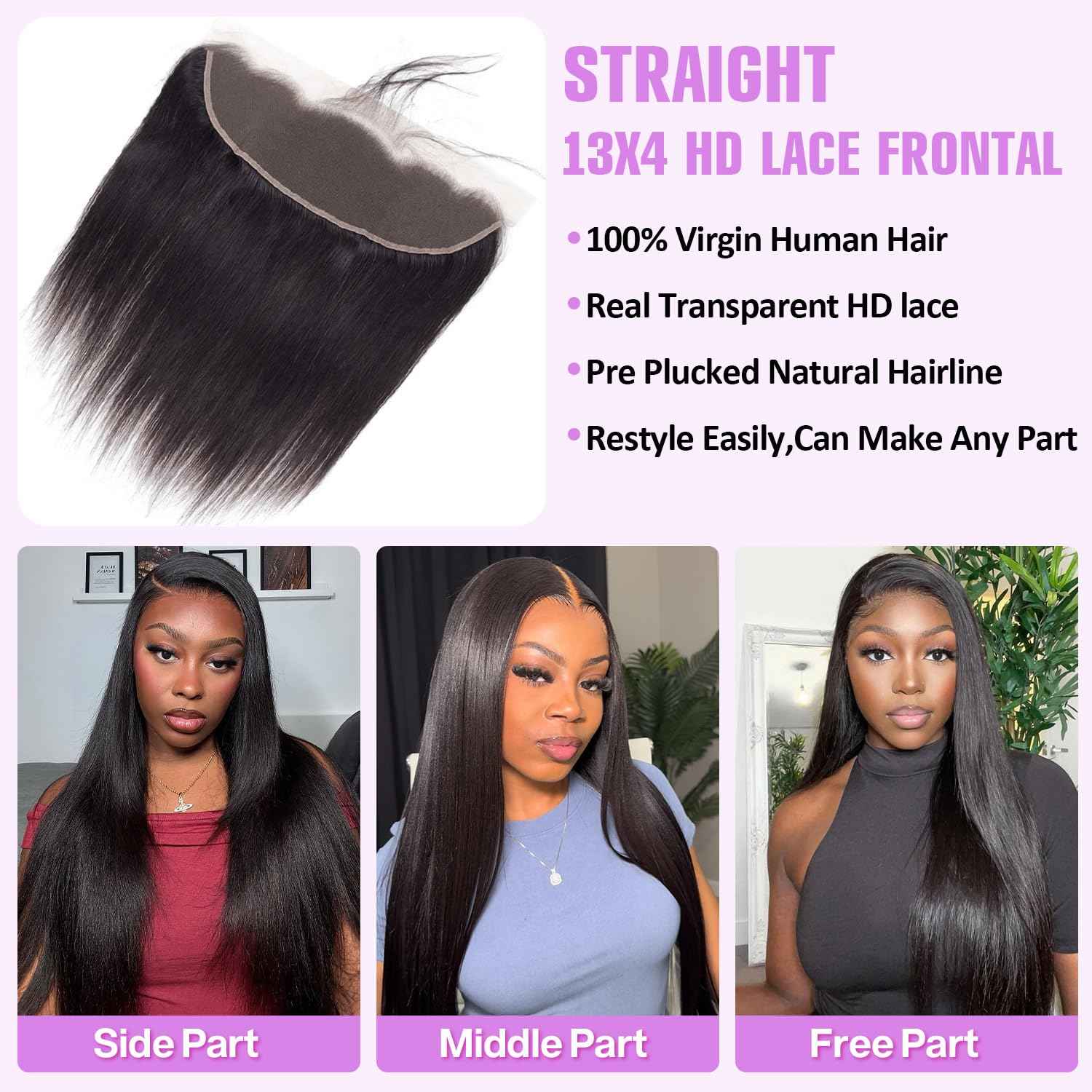 13x4 Straight HD Lace Frontal Closure 100% Unprocessed Brazilian Virgin Hair Silky Smooth Texture 150% Density Ear to Ear Lace Pre-Plucked Natural Black Long-Lasting 16 Inch