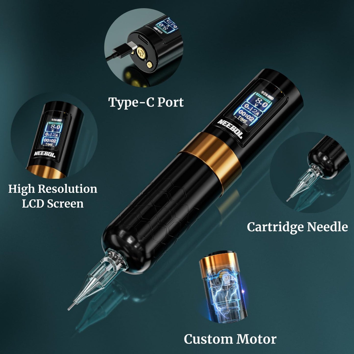 NEEBOL Wireless Tattoo Gun Rotary Tattoo Machine LED Display Screen 8 Hour Battery Life Extra Battery Permanent Tattoo Art High-end Tattoo Pen Equipment Supply Makeup Gift (Red)