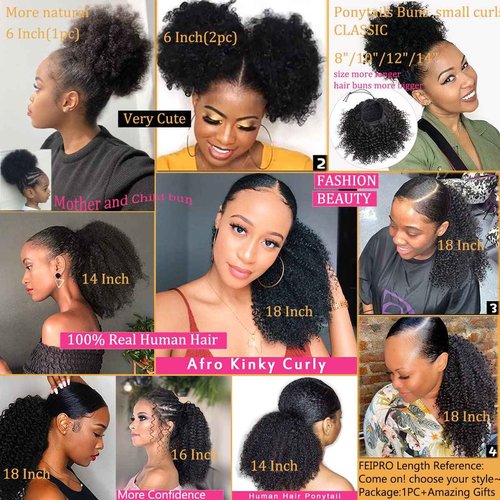 FEIPRO Curly Ponytail Extension for Black Women Real Human Hair Natural Drawstring Ponytails Hair Pieces African American Girls Curly Hair Extensions 16 Inch #1B Natural Black