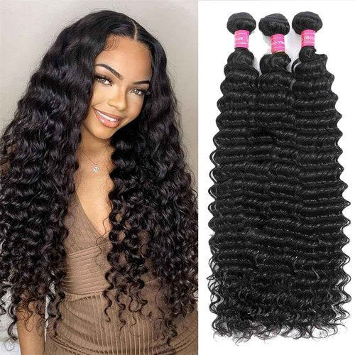 Deep Wave Human Hair Bundles- 20/22/24 Inch Curly Deep Wave Bundles Unprocessed Brazilian Virgin Wet and Wavy Bundles human hair 12A Hair Extensions Real Human Hair for Woman Natural Color Full, Soft