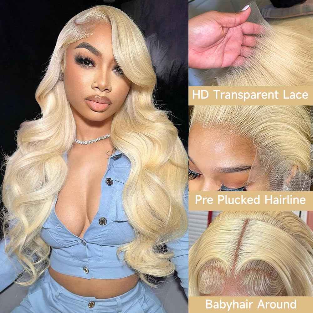 KEGOO 613 13x6 Lace Front Wig Human Hair 28 Inch Blonde Wig Human Hair 200% Density Body Wave HD Blonde Lace Frontal Wig Pre Plucked 613 Lace Front Wig Human Hair