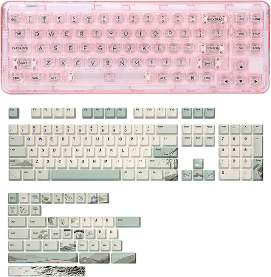 YUNZII X71 Transparent Mechanical Keyboard(Crystal Ice Switch,Pink), YUNZII Spring Tea Dye Sub PBT Keycaps(Cherry Profile, Spring Tea)