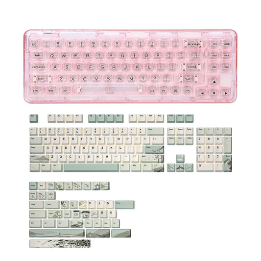 YUNZII X71 Transparent Mechanical Keyboard(Crystal Ice Switch,Pink), YUNZII Spring Tea Dye Sub PBT Keycaps(Cherry Profile, Spring Tea)