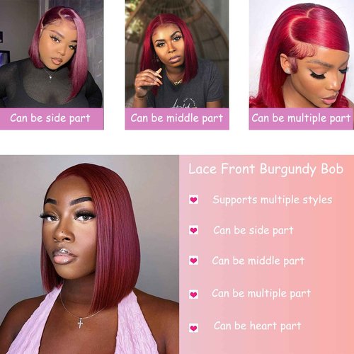 Keytac 99j Burgundy Bob Wig Human Hair 13x4 Lace Front Wigs 12 Inch Short Straight Wine Red Bob Wig Pre Plucked 180% Density Natural Hairline Wigs for Black Women