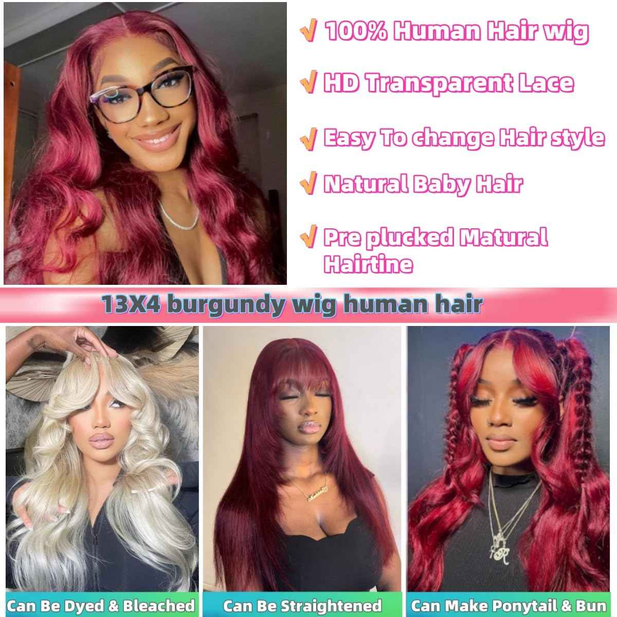 22 Inch 99J Burgundy Lace Front Wigs Human Hair 13x4 200% Density Body Wave Lace Front Wigs Human Hair Pre Plucked 99j Burgundy Red Wine Glueless Human Hair Wigs for Women