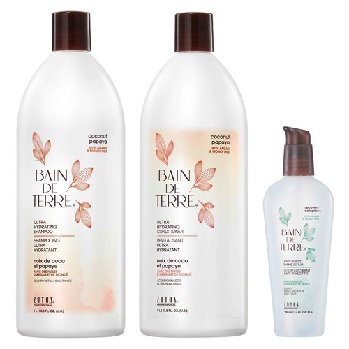 Bain de Terre Ultra Hydrating Shampoo and Conditioner Set & Shine Serum | Coconut Papaya | Hydrates Overly Dry | Damaged Hair | Paraben Free | Color-Safe | 33.8 Fl Oz
